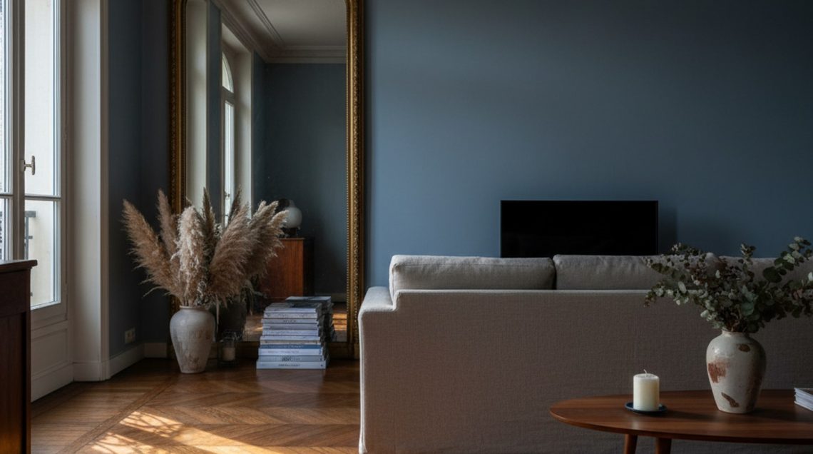 Salon haussmannien au parquet en point de Hongrie, traversé d'un rectangle de lumière dorée rasante en fin de journée.