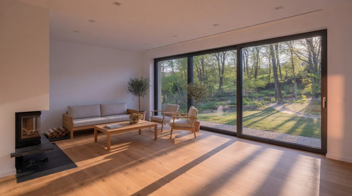 Salon d'une maison passive neuve au Luxembourg avec baies vitrées pleine hauteur, parquet chêne clair et lumière de fin d'après-midi sur jardin boisé