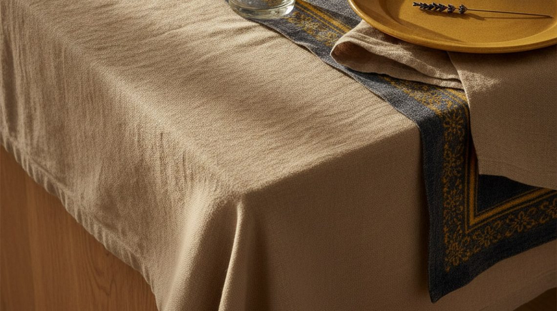 Coin de table en chêne recouvert d'une nappe en lin froissé beige, avec un chemin de table en indigo et jaune posé en diagona