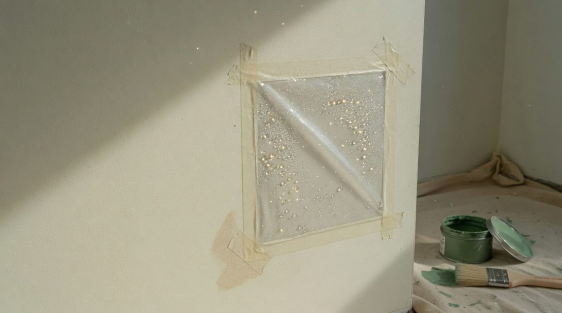 Film plastique transparent scotché au coin du mur crème, perlé de gouttelettes de condensation