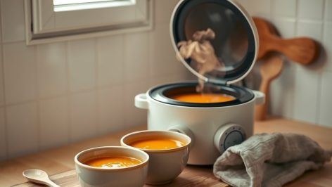 Robot culinaire blanc avec soupe orange, bols en céramique, cuillère en bois sur plan de travail, vapeur s'échappant.