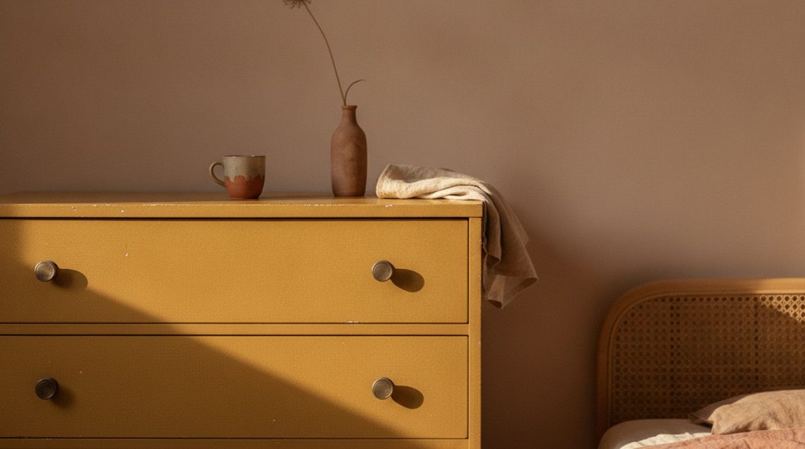 Commode vintage années 60 en Formica jaune moutarde contre un mur beige rosé, éclairée par une lumière dorée dans une chambre