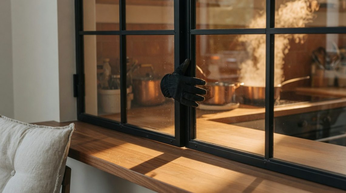 Main gantée poussant une paroi vitrée acier noir, cuisine avec vapeur en arrière-plan sous lumière chaude