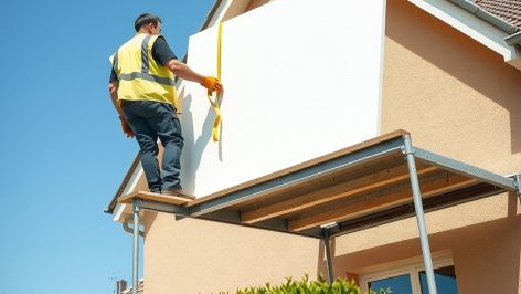 Ouvrier sur échafaudage posant un panneau d'isolant blanc contre le mur d'une maison beige