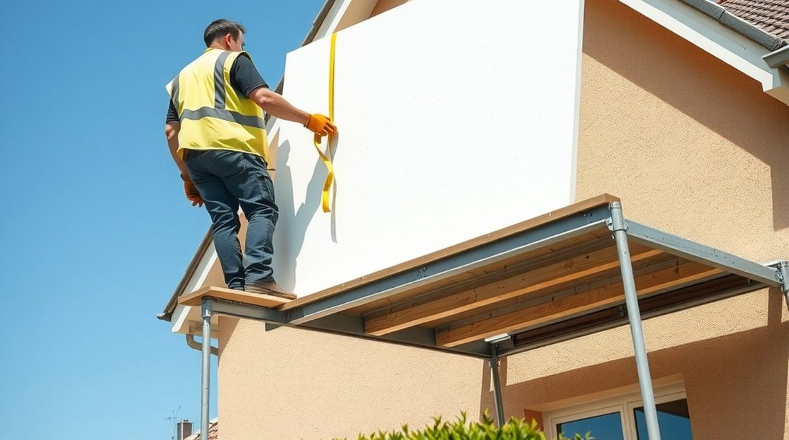 Ouvrier sur échafaudage posant un panneau d'isolant blanc contre le mur d'une maison beige