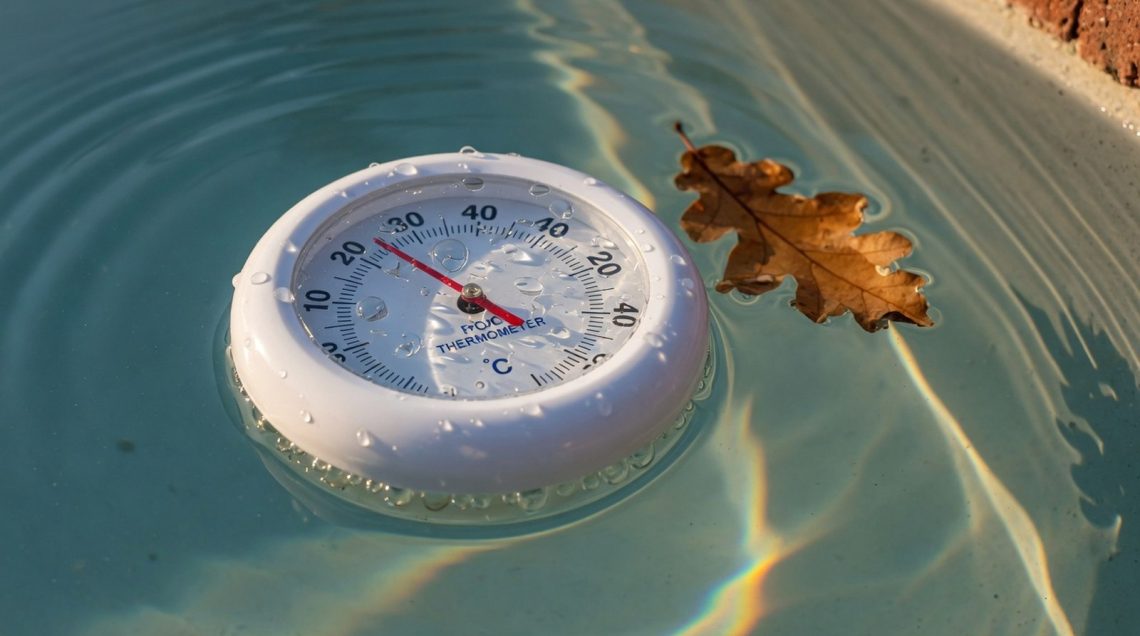 Thermomètre flottant sur piscine bleu-vert : gouttelettes d'eau, feuille morte et ondulations, lumière automnale.