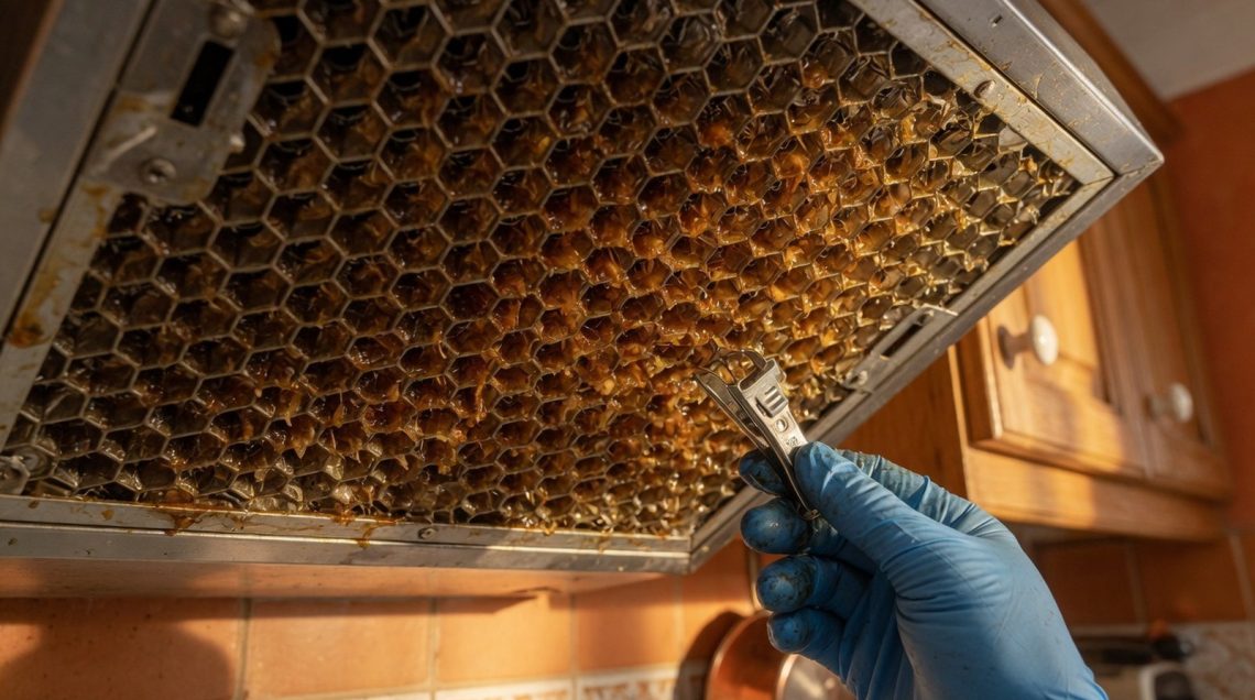 Gros plan d'une grille de filtre de hotte recouverte de résidus gras, main gantée, éclairée en lumière rasante
