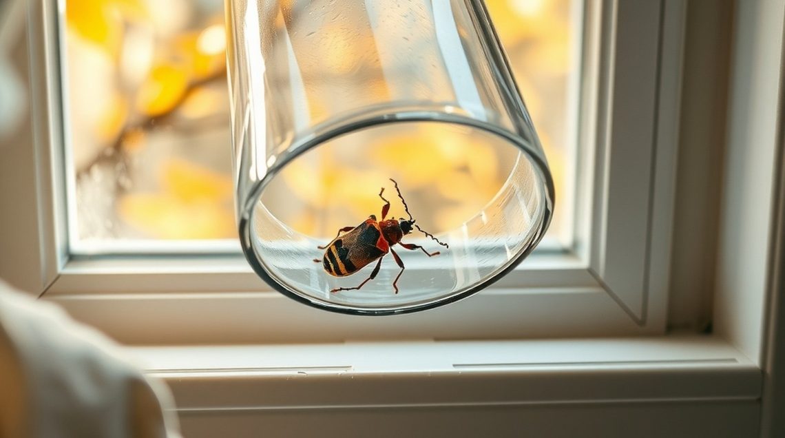 Main baissant verre transparent sur punaise, cadre fenêtre PVC, enveloppe, lumière matinale dorée.
