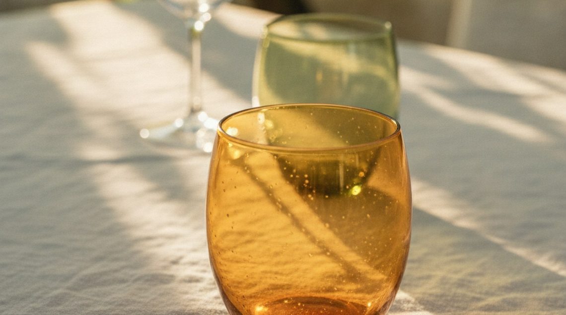 Verre soufflé ambré sur nappe en lin écru froissé, éclairé par une lumière dorée filtrée à travers une pergola végétalisée.