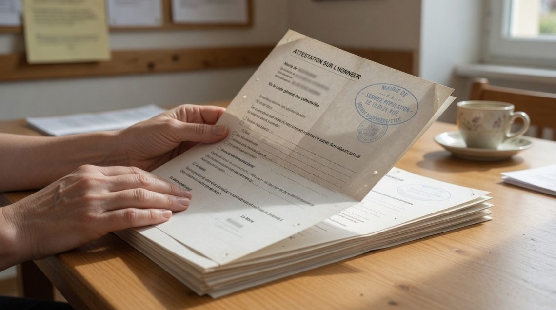 Mains posées sur un dossier administratif ouvert à une table en bois, formulaire d'attestation officiel avec tampon visible