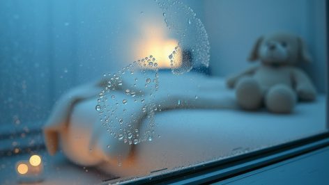 Vitre de chambre d'enfant couverte de gouttelettes d'eau, appui blanc peint, lumière bleue du matin