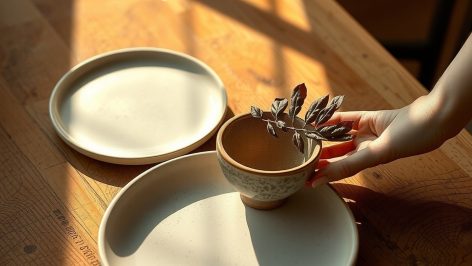 Table en bois brut, lumière dorée automne, deux assiettes blanches et bol en grès fait main glaçure brun crème