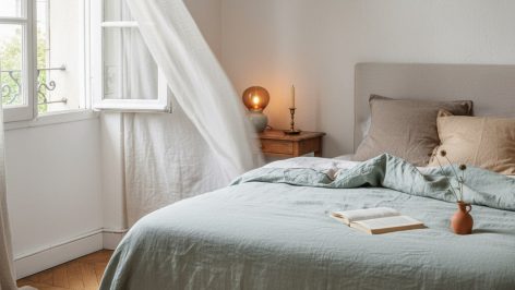 Chambre estivale ensoleillée, lit défait au linge froissé beige, rideau en lin voletant à la fenêtre ouverte.