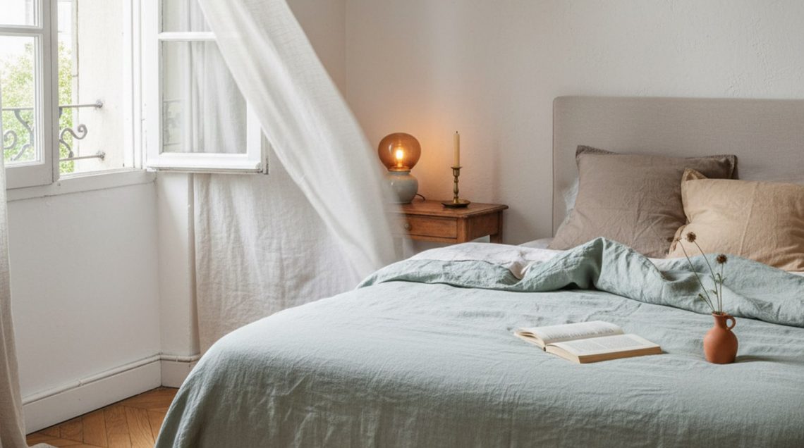 Chambre estivale ensoleillée, lit défait au linge froissé beige, rideau en lin voletant à la fenêtre ouverte.