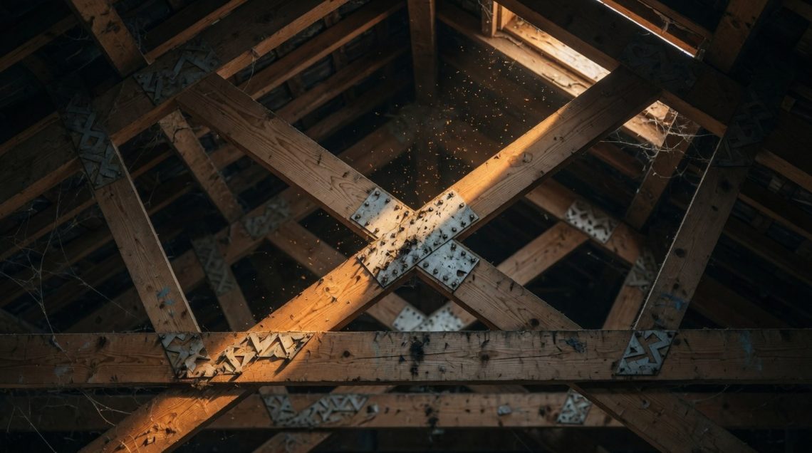 Vue en plongée de la charpente en W d'un comble des années 70, poutres bois brutes et connecteurs métalliques éclairés par un