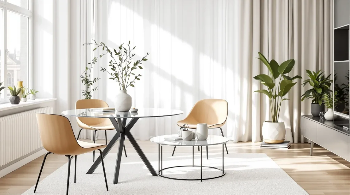 Vue d’un salon lumineux au style scandinave avec table à manger ronde en verre, table basse en verre et chaises en bois, ambiance moderne et élégante.